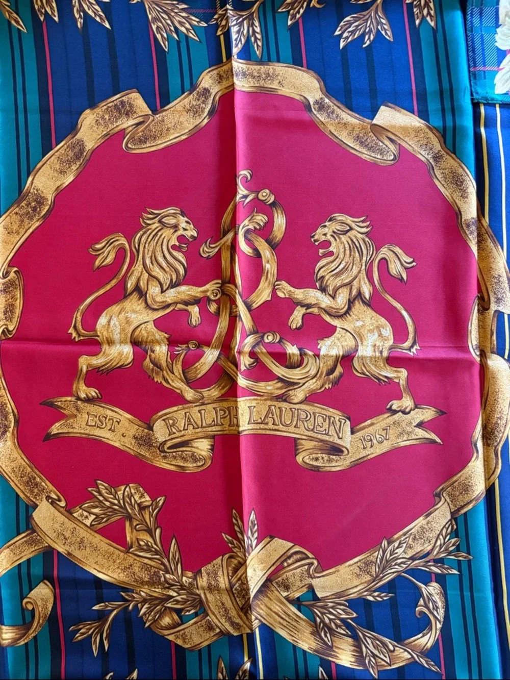 Vintage Ralph Lauren Gold and Red Double Lion Silk Scarf — Gold,NavyRed & Green